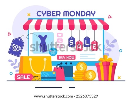 Cyber Monday Event Vector Illustration with Super Sale and Big Discount Purchases Goods in Paper Bags for Promotions in a Flat Style Cartoon Background