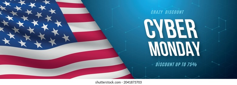 Cyber Monday festive banner with US flag and blue microcircuit. Sale banner template for business promotion, web, social network. Stock vector illustration.