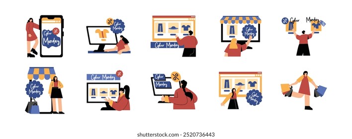 Cyber Monday flat illustration set. Include of offer, sale, discount, monday, and promo. Vector illustration isolated