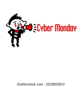 Cyber Monday. A funny young man with a loudspeaker informs about the sale. Design element for banner, postcard, poster, sticker, label, packaging, social media. Vector color illustration