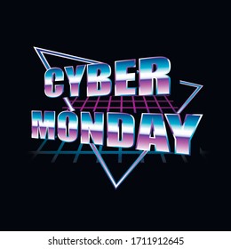 Cyber Monday futuristic banner on a black background. Poster, card, label, banner cyber monday design. Season sale vector label. Digital discounts.