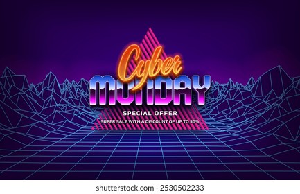 Cyber Monday futuristisches Neonbanner. Werbeplakat. Retro-Synthwave-Konzept. Vektorgrafik.