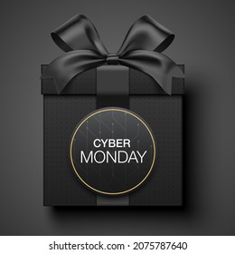 Cyber Monday Gift Card Vector Design, With A Luxury Style Black Gift Box Wrapped With Satin Ribbon, And Lettering Oval Label.