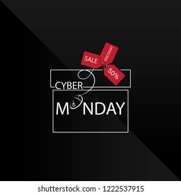 CYBER MONDAY. GIFT. Layout background. Vector image gift box with a bow from red tags. Design for banner, poster, cover, booklet, card, advertising, sign, icons.