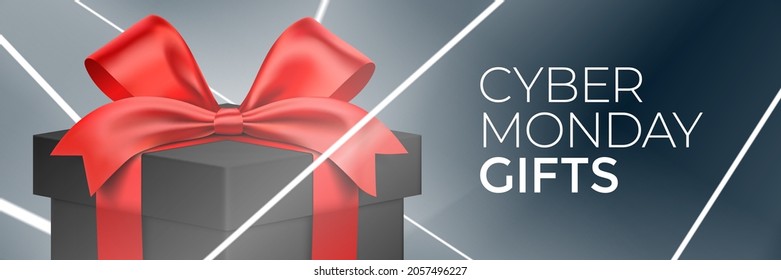 Cyber Monday gifts energetic vector banner design, with black gift box and white laser lights.