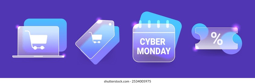 Iconos de ventas de morfismo de vidrio Cyber Monday sobre fondo azul. Calendario de descuento, portátil y símbolo de Vector de Cupón