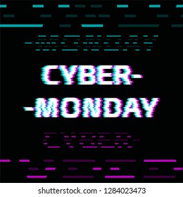 Cyber monday glitch effect text on black screen background