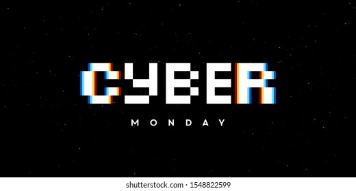 Cyber monday glitch pixel font vector illustration. 