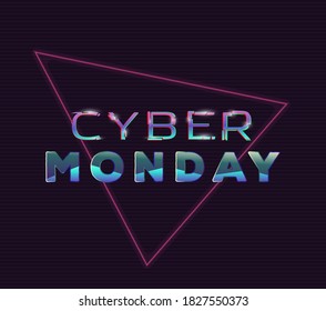 Cyber Montag Glitzzeichen mit verzerrten Buchstaben. Retro Stil zurück zu 80er-Stil Banner. Glitch-Effekt-Text auf dunklem Hintergrund mit alten TV-Linien-Effekt. Verkauf und Neon glitzern Licht leuchten.

