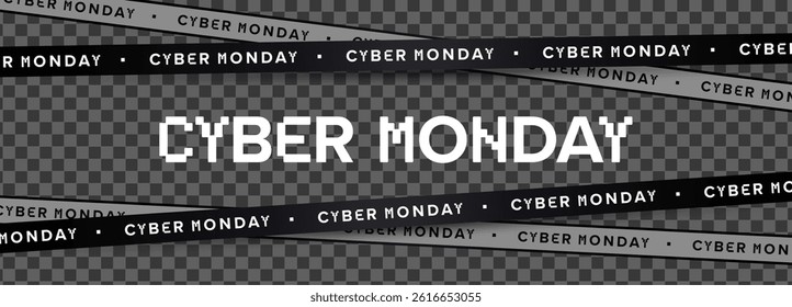 Cyber Monday Glitch Text Banner with Diagonal Crossed Black Tape and Transparent Background, Perfect for Digital Ads, E-commerce Promo, and Tech Sale Campaigns. Futuristic Look. Vector Illustration