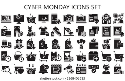 Cyber Monday glyph icons set, contain online shopping, discounts, and e-commerce promotions. use for modern concept, UI or UX kit, web and app development. vector EPS 10.