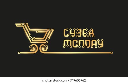 Cyber Monday golden circuit text with shopping trolley.