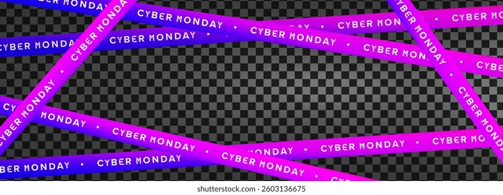 Cyber Monday gradient tape banner. Neon futuristic warning stripe with glowing text on transparent background. Promo design for online sales, digital ads. Vector illustration