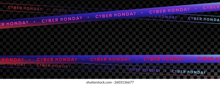 Cyber Monday gradient tape banner. Neon futuristic warning stripe with glowing text on transparent background. Promo design for online sales, digital ads. Vector illustration