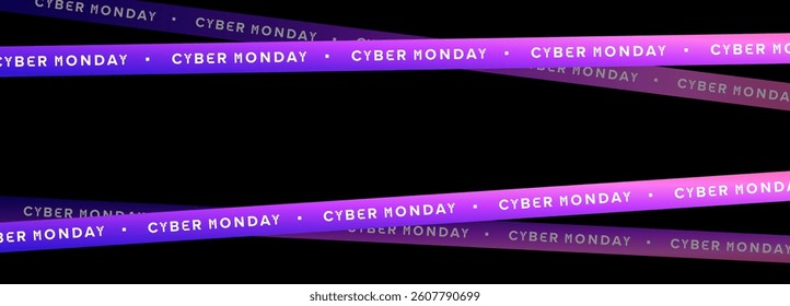 Cyber Monday gradient tape banner. Neon futuristic warning stripe with glowing text on transparent background. Promo design for online sales, digital ads. Vector illustration