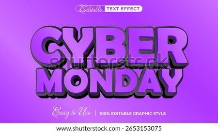 Cyber Monday Graphic Text Effect: A striking 3D text effect, perfect for Cyber Monday promotions, set against a vibrant purple background. Highlighting the easy-to-use graphic style. 