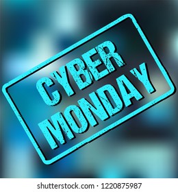 cyber monday grunge banner tag with frame on an abstract background. Vector illustration on a blue white, grey, green, lights bokeh backdrop