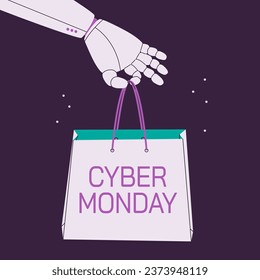 Cyber Monday. The hand of the robot or cyber hand holds a gift bag with the inscription. Vector banner.