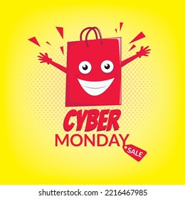 Cyber Monday. happy  and smiling red Shopping bag character vector illustration