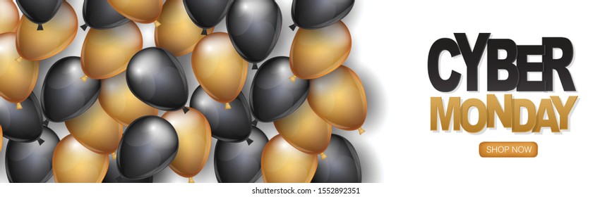 Cyber Monday header or banner design template. Big sale advertising promo concept with balloons, shop now button and typography text. Website or magazine decoration. Vector illustration.