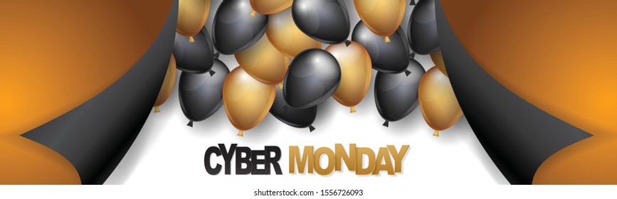 Cyber Monday header or banner design template. Big sale advertising promo concept with balloons, peeling off wrapping paper and typography text. Website or magazine decoration. Vector illustration.
