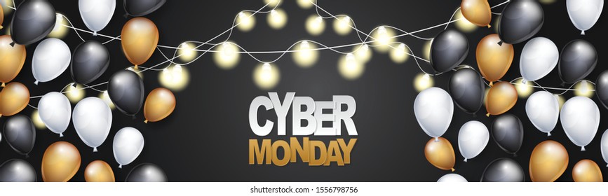 Cyber Monday header or banner design template. Big sale advertising promo concept with balloons, glowing lights garland and typography text. Website or magazine decoration. Vector illustration.