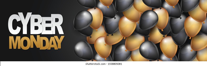 Cyber Monday header or banner design template. Big sale advertising promo concept with balloons and typography text. Website or magazine decoration. Vector illustration.