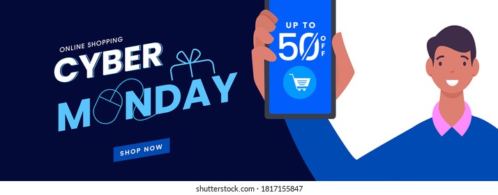 Diseño de banners o encabezados de lunes cibernéticos con hombre mostrando Smartphone y 50% de oferta de descuento para venta.
