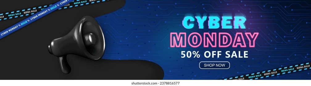 Cyber Monday hi-tech panoramic banner with glitched neon text, sale barricade tapes and 3d black loudspeaker. Promo discount header for e-commerce, online shopping special offer. Technology concept