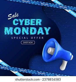Cyber Monday hi-tech square banner with glitched text, sale ribbons and blue shouting loudspeaker. Promo discount poster for e-commerce, online shopping special offer. Sci-fi background, cyber space