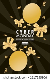 cyber monday holiday poster with golden balloons helium and ribbons bows vector illustration design