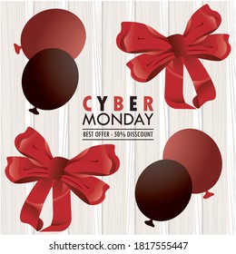 cyber monday holiday poster with red balloons helium and bows ribbons vector illustration design
