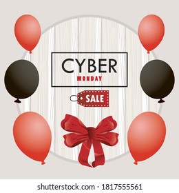 cyber monday holiday poster with red and black colors balloons helium in wooden background vector illustration design
