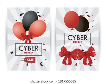 cyber monday holiday poster with red and black colors balloons helium frames vector illustration design