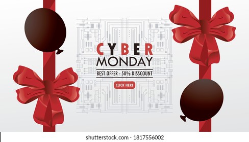 cyber monday holiday poster with red color balloons helium and bows vector illustration design