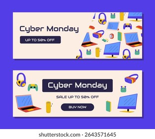 Cyber Monday horizontal banner with colorful electronic gadgets and digital devices. Vector illustration for shopping, tech sale, electronics discount design