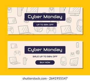 Cyber Monday horizontal banner with outlined tech gadgets and digital devices in linear style. Vector illustration for electronics sale and modern technology