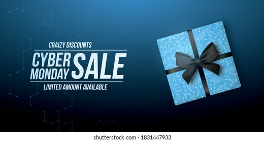 Cyber Monday horizontal banner. Sale background with realistic bue gift box and black bow. Horizontal format for header or websites. Vector Sale banner design.