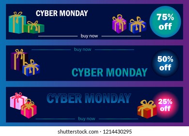 Cyber Monday horizontal banners. Simple design for online shopping concept. Sales signs and colorful gift boxes.