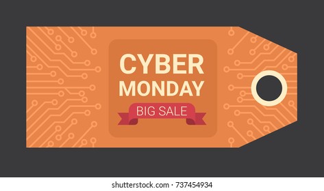 Cyber Monday Horizontal Tag Motherboard Design Over Black Background, Big Sale Technology Online Event Concept Vector Illustration