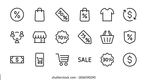 Cyber Monday Icon Set contains discount packages, promotions, shopping cart, big discounts, shopping cart and more. Editable stroke, vector icons.