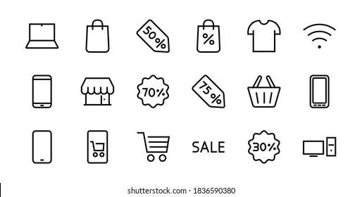 Cyber Monday Icon Set contains discount packages, promotions, shopping cart, big discounts, shopping cart and more. Editable stroke, vector icons.