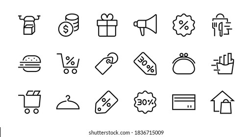 Cyber Monday Icon Set contains discount packages, promotions, shopping cart, big discounts, shopping cart and more. Editable stroke, vector icons.