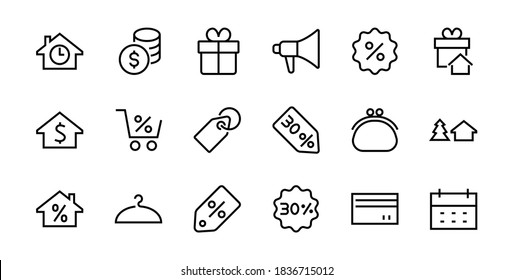 Cyber Monday Icon Set contains discount packages, promotions, shopping cart, big discounts, shopping cart and more. Editable stroke, vector icons.