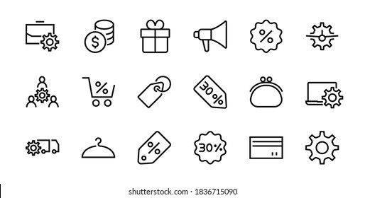 Cyber Monday Icon Set contains discount packages, promotions, shopping cart, big discounts, shopping cart and more. Editable stroke, vector icons.