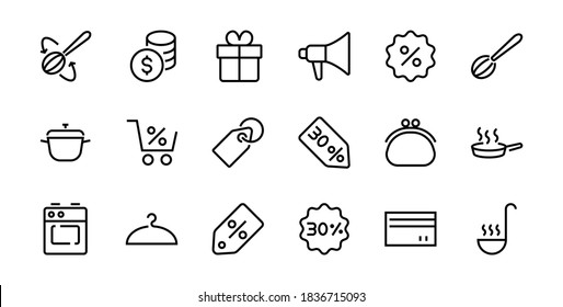 Cyber Monday Icon Set contains discount packages, promotions, shopping cart, big discounts, shopping cart and more. Editable stroke, vector icons.