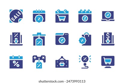 Conjunto de iconos de Cyber Monday. Color duotono. Ilustración vectorial. Conteniendo venta, descuento, calendario, promoción, blackfriday, ecommerce, bolso de compras, cybermonday, bajo precio. 