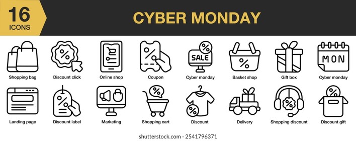 Cyber Monday icon set. Includes discount, gift, label, marketing, online shop, shopping bag, and More. Outline icons vector collection.