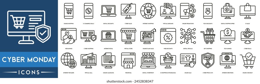 Cyber Monday icon set. Online Shopping , E-commerce Deals, Digital Discounts, Cyber Sales, Internet Shopping, Virtual Bargains, Online Promotions, Tech Discounts icon.