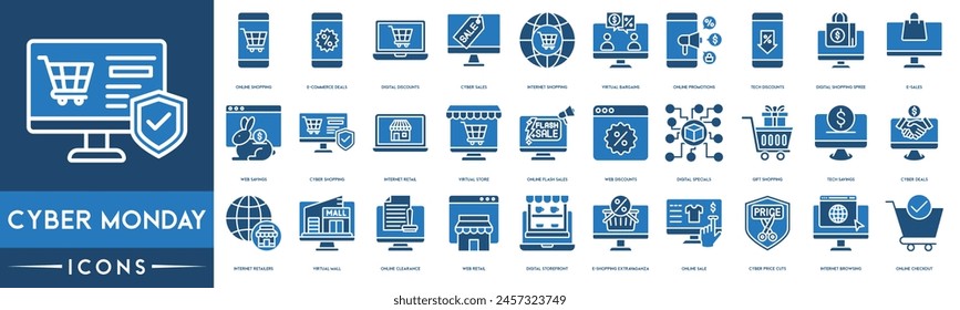 Cyber Monday icon set. Online Shopping , E-commerce Deals, Digital Discounts, Cyber Sales, Internet Shopping, Virtual Bargains, Online Promotions, Tech Discounts icon.